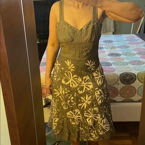 Khaki and cream with bejeweled trim strap dress